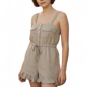 Olive Green Button-Front Romper with Tie Waist Pockets. Small.
